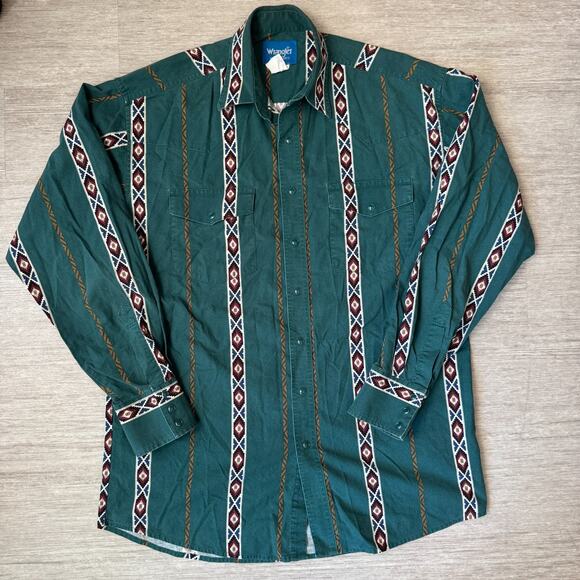 Wrangler Other - Vintage 90s Wrangler Aztec Pearl Snap Button Up Shirt Mens XL Tall Green Striped